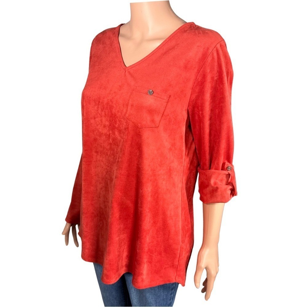 Soft‎ Surroundings Burnt Orange Faux Suede V-Neck Roll Tab Sleeve Top Larg